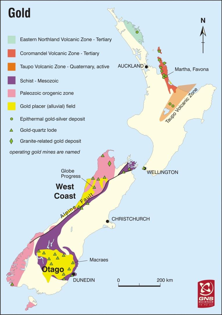 แผนที่ของทองอยู่ในนิวซีแลนด์