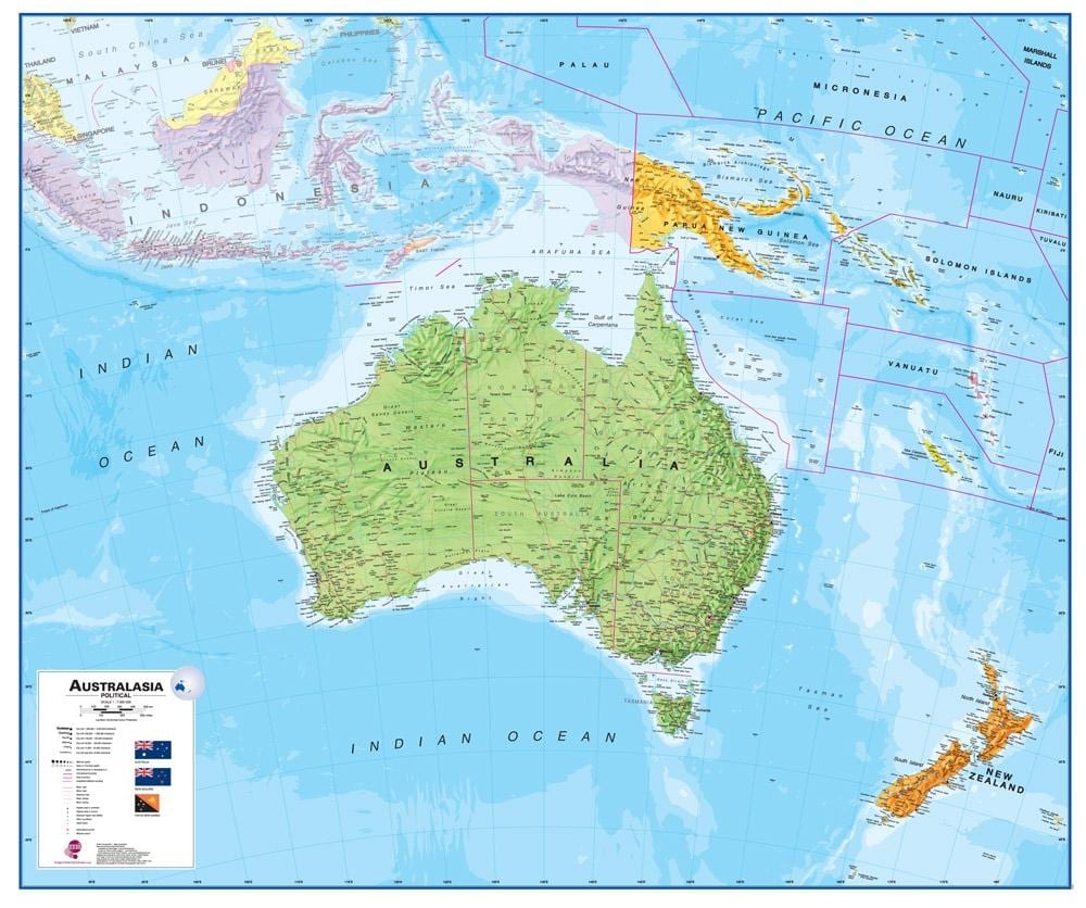 แผนที่ของออสเตรเลียและนิวซีแลนด์ทางกายภาพ
