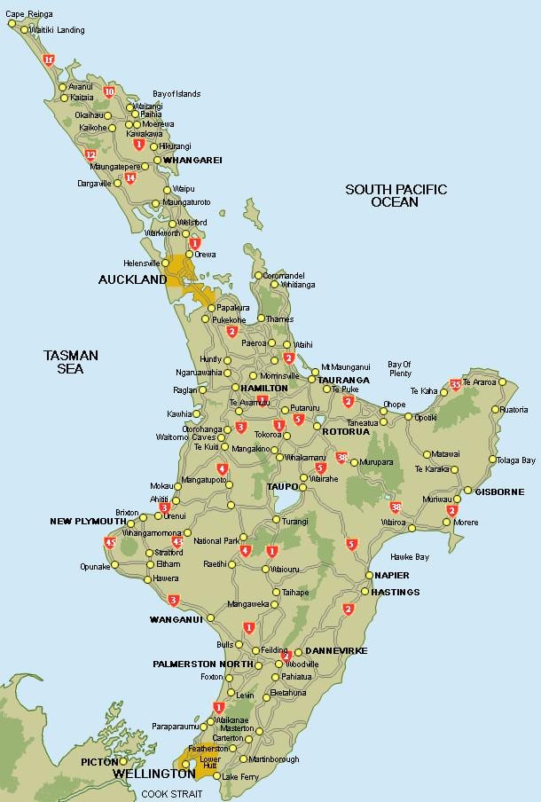 แผนที่ของกลางทางเหนือเกาะนิวซีแลนด์