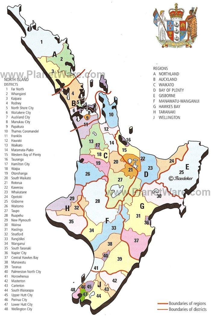 แผนที่ของนิวซีแลนด์เกาะเหนือดินแดนและ districts. kgm