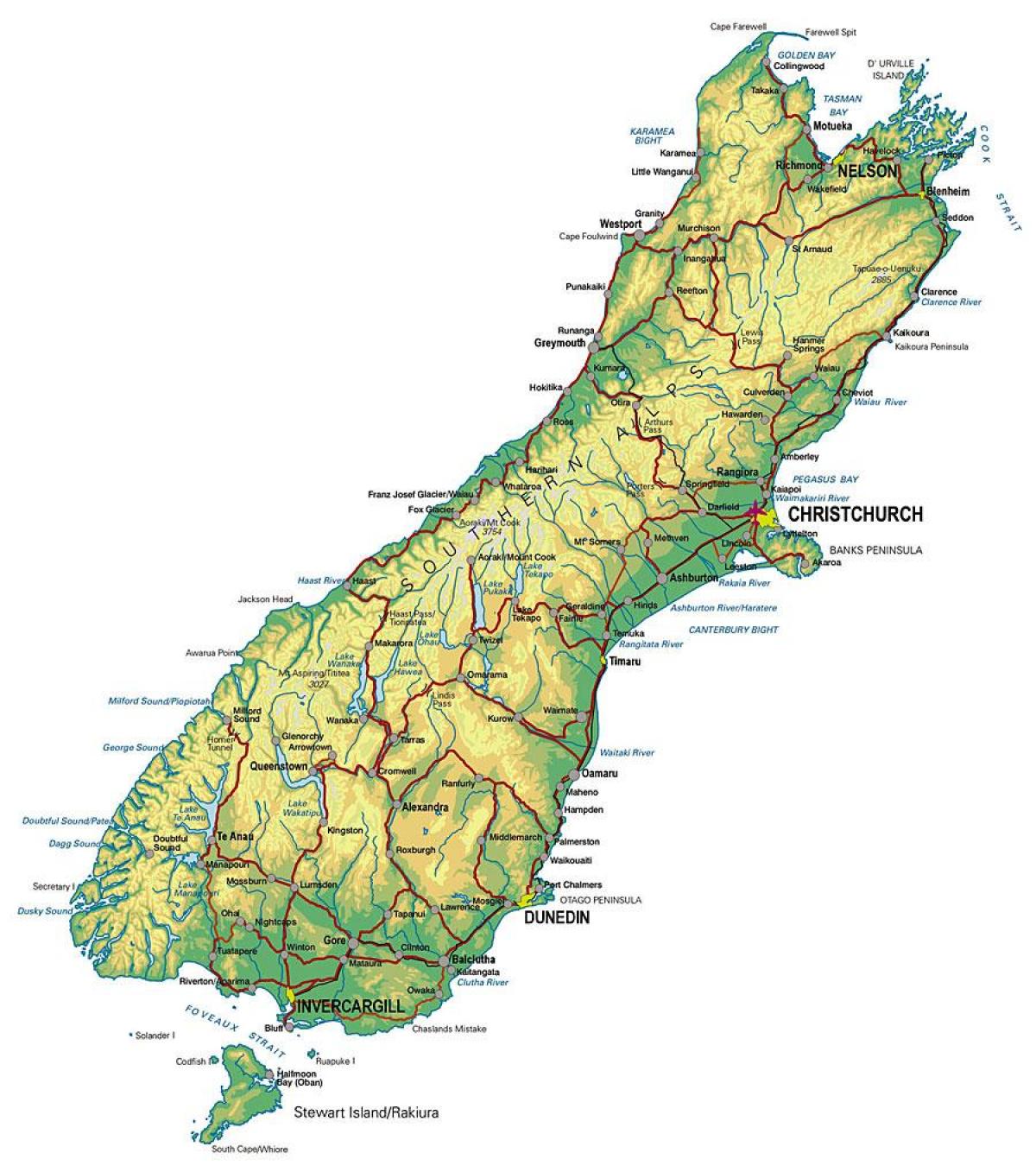 แผนที่ของทางใต้ของนิวซีแลนด์