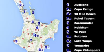 แผนที่ของนิวซีแลนด์เหนือเกาะ attractions